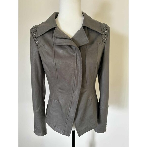 JOSEPH RIBKOFF Zip Up Moto Jacket Size Small Faux Leather Greenish Gray Studded - Picture 2 of 10